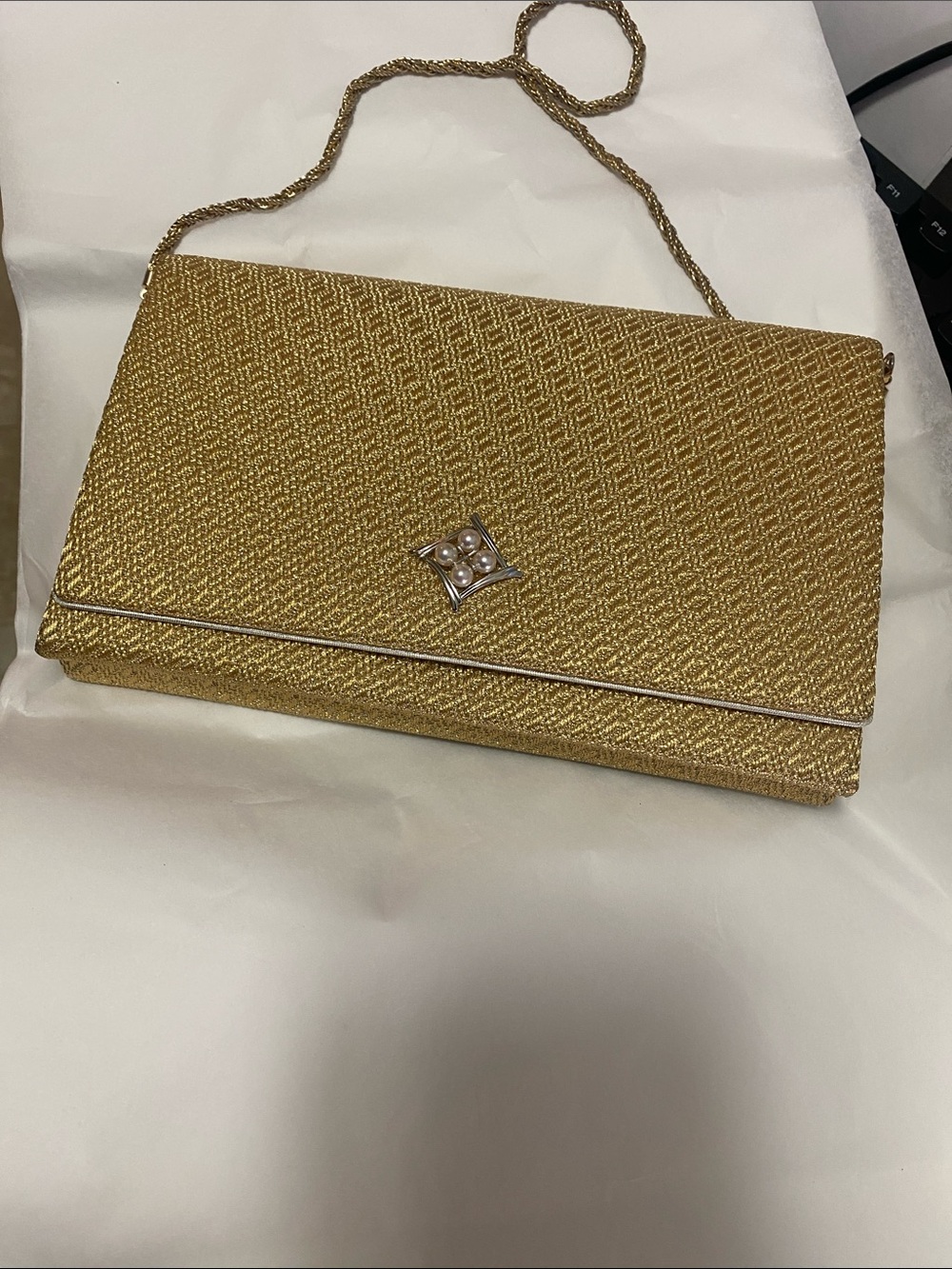 Mikimoto Gold Woven Evening Clutch with 4 Authentic Japanese Mikimoto Pearls